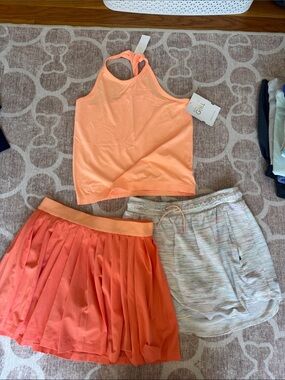 Athleta Girl orange tennis skirt, spacedye multi colored skirt and tank 14 XL